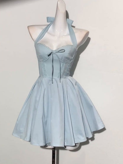 Simple A line Halter Blue Formal 8th Grade Homecoming Dresses Middle School Short Birthday Gowns Graduation Dress Hoco Outfits DH2095