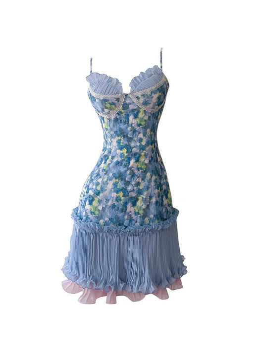 Modest A Line Spaghetti Straps Floral Blue Formal 8th Grade Homecoming Dresses Middle School Short Birthday Gowns Graduation Dress Hoco Outfits DH2122
