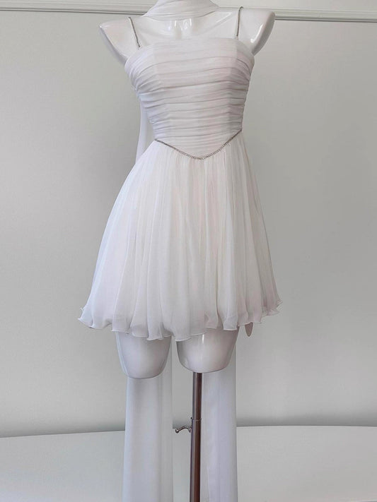 Aesthetic A line Spaghetti Straps White Chiffon Formal Mini Homecoming Dress Middle School Short 19th Birthday Outfits Graduation Dress Hoco Dresses DH2182