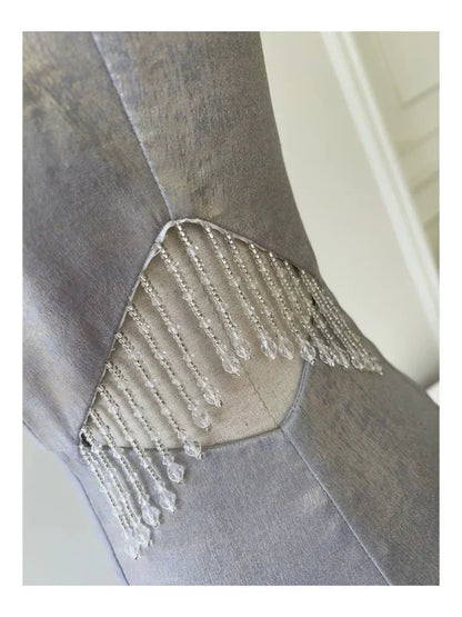 Grey A Line Spaghetti Strap Beaded Satin Short Homecoming Dress Cocktail Dress SH3870