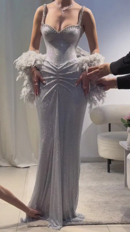 Sexy Mermaid Straps Silver Sequin Long Prom Dresses Party Dress 20th Birthday Outfits Graduation Dresses DH2217