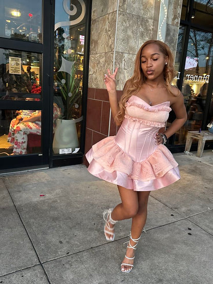 Unique Ball Gown Sweetheart Pink Satin Lace Short Formal 8th Grade Homecoming Dresses Middle School Cocktail Dress Hoco Outfits Inspo DH2604