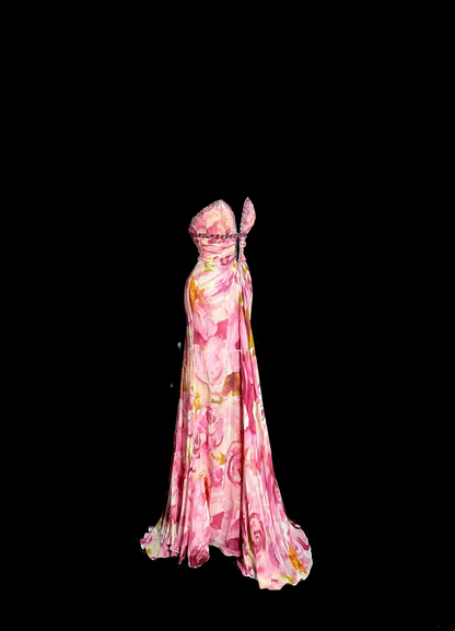 Vintage Mermaid Sweetheart Pink Chiffon Floral Backless Long Prom Dresses Party Dress 18th Birthday Outfits Graduation Dresses DH2646