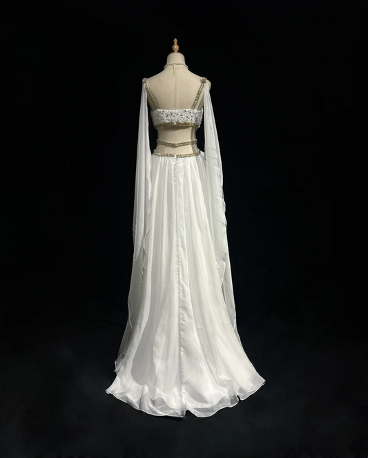 Retro A Line V Neck White Chiffon With Silver Gold Beads Long Flowers Prom Dresses Party Dress 21st Birthday Outfits Prom Gowns DH2662