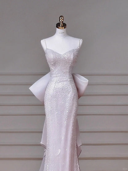 Modest Pink Spaghetti Strap Evening Dresses Mermaid Tulle with Bow Beading Long Prom Dresses Graduation Dresses DH02719