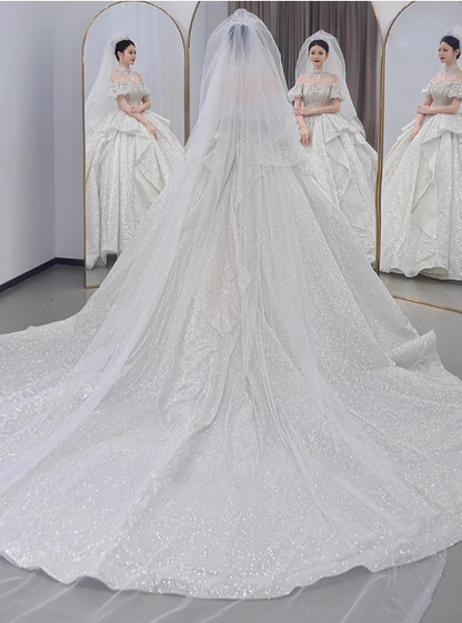 Modest White Wedding Dresses Tulle Sparkly Ball Gown Elegant Bridal Dress Beaded Short Sleeve Bridal Gowns DH2730