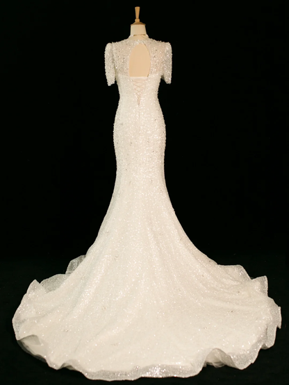 Pretty Wedding Dress Mermaid Sweetheart Short Sleeves Sequin Long Vintage Wedding Dresses Bridal Gowns Brides Gown DH358