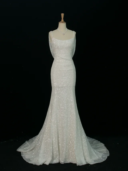 Pretty Wedding Dress Mermaid Spaghetti Straps White Sequin Long Vintage Wedding Dresses Bridal Gowns Brides Gown DH372
