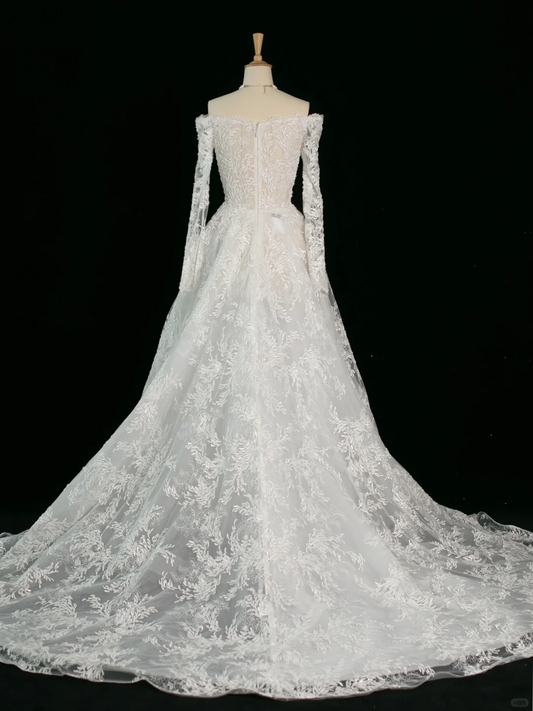 Pretty Wedding Dress Ball Gown Off The Shoulder White Long Sleeves Lace Long Vintage Wedding Dresses Bridal Gowns Brides Gown DH379