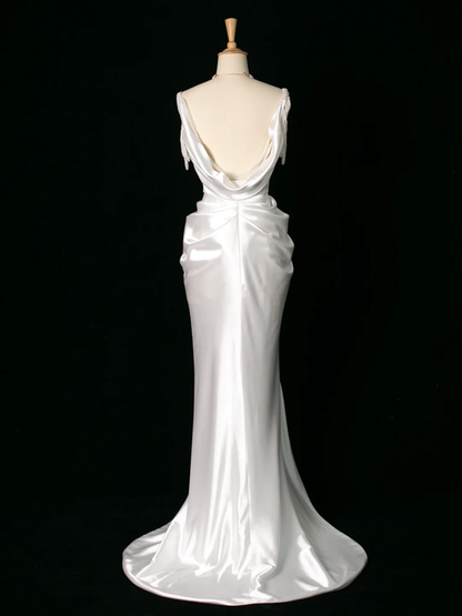 Chic Wedding Dress Mermaid Straps White Satin Sleeveless Long Vintage Wedding Dresses Bridal Gowns Brides Dress DH395