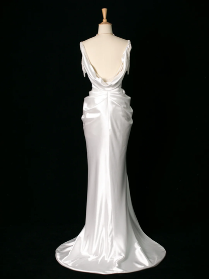 Chic Wedding Dress Mermaid Straps White Satin Sleeveless Long Vintage Wedding Dresses Bridal Gowns Brides Dress DH395