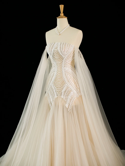 Pretty Wedding Dress Mermaid Off The Shoulder Long Sleeves Tulle Long Vintage Wedding Dresses Bridal Gowns Brides Gown DH396