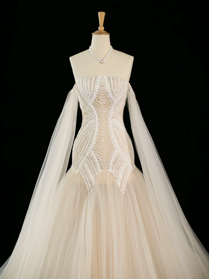 Pretty Wedding Dress Mermaid Off The Shoulder Long Sleeves Tulle Long Vintage Wedding Dresses Bridal Gowns Brides Gown DH396