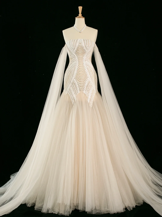 Pretty Wedding Dress Mermaid Off The Shoulder Long Sleeves Tulle Long Vintage Wedding Dresses Bridal Gowns Brides Gown DH396