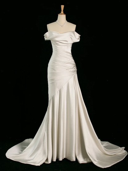 Pretty Wedding Dress Mermaid Off The Shoulder Short Sleeves Satin Long Vintage Wedding Dresses Bridal Gowns Brides Gown DH397