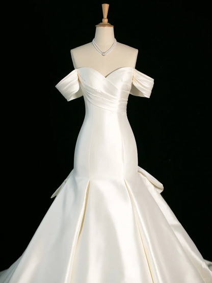 Pretty Wedding Dress Mermaid Off The Shoulder Short Sleeves Satin Long Vintage Wedding Dresses Bridal Gowns Brides Gown DH399