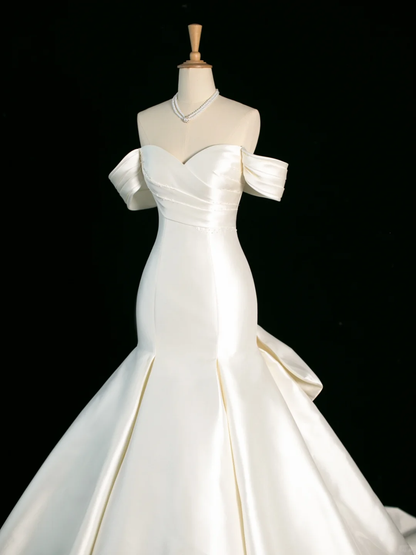 Pretty Wedding Dress Mermaid Off The Shoulder Short Sleeves Satin Long Vintage Wedding Dresses Bridal Gowns Brides Gown DH399