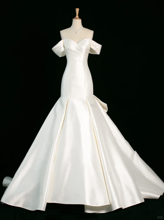 Pretty Wedding Dress Mermaid Off The Shoulder Short Sleeves Satin Long Vintage Wedding Dresses Bridal Gowns Brides Gown DH399
