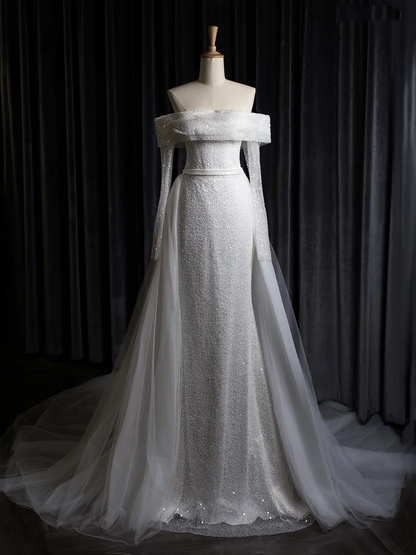 Vintage Wedding Dress Mermaid Off The Shoulder White Long Sleeves Sequin Long Wedding Dresses Bridal Gowns Brides Gown DH403