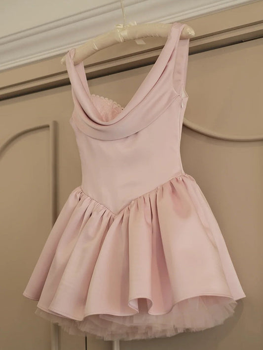 Pretty A line Straps Pink Satin Short Formal 8th Grade Homecoming Dresses Summer Middle School Hoco Dress Homecoming Outfits DH422