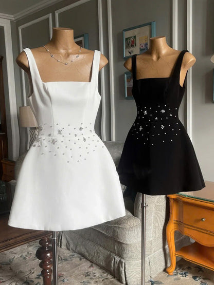 Trendy A Line Square Neck Satin White Mini Short Formal 8th Grade Homecoming Dresses Summer Middle School Hoco Dress Homecoming Outfits DH431