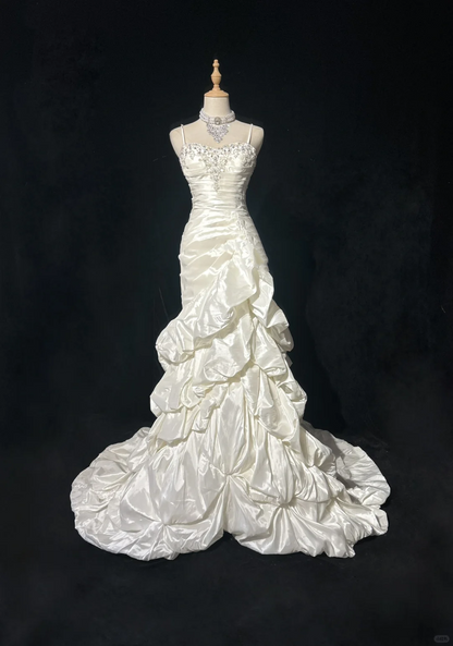 Vintage Wedding Dress 1950s 1940s Mermaid Spaghetti Straps Layers Ruffles White Satin Long Wedding Dresses Bridal Gowns Brides Gown DH523