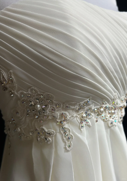 Vintage Wedding Dress A line Strapless Chiffon White Sleeveless Long Beach Wedding Dresses Bridal Gowns Brides Gown With Beads DH540