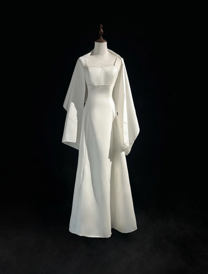 Vintage Wedding Dress 1970s A Line Spaghetti Straps Satin White Long Wedding Dresses Bridal Gowns Elegant Brides Gown DH564