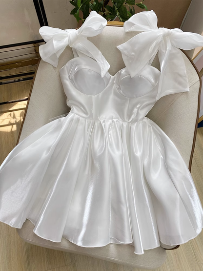 Pretty A line White Satin Short Formal 8th Grade Homecoming Dresses Summer Middle School Hoco Dress Homecoming Outfits DH635