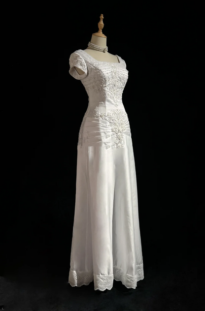 Classic Bridal Gown A line Square Neck Short Sleeves Satin White Wedding Dresses Minimalist Bridal Gowns DH648