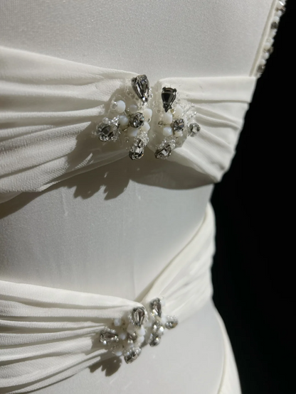 Modern A line Straps Silver Beads Chiffon Long White Backless Wedding Dresses Elegant Bridal Gowns DH657