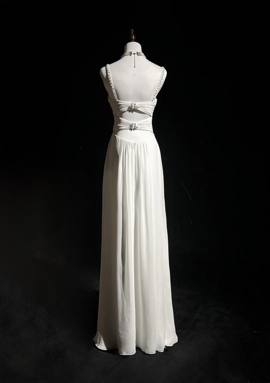 Modern A line Straps Silver Beads Chiffon Long White Backless Wedding Dresses Elegant Bridal Gowns DH657