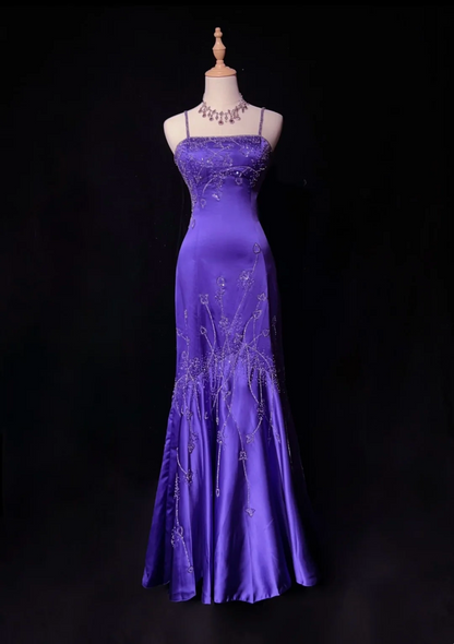 Elegant Mermaid Spaghetti Straps Grape Satin Backless Prom Dresses Party Dress Summer 20th Birthday Outfits 18th Birthday Dresses DH675