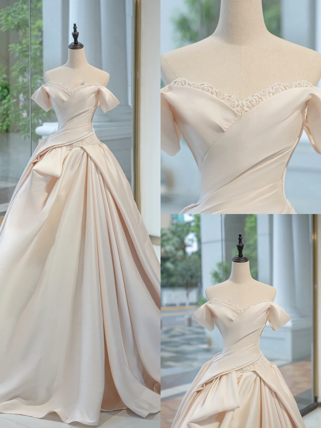 Timeless Bridal Gown Ball Gown Off The Shoulder Satin Long Light Pink Wedding Dresses Elegant Bridal Gowns DH732