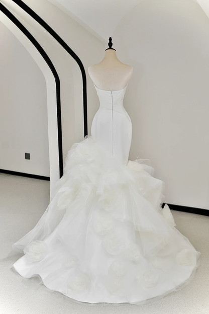 Unique Bridal Gown Mermaid Strapless White Satin Long Wedding Dresses Elegant Brides Gowns DH734
