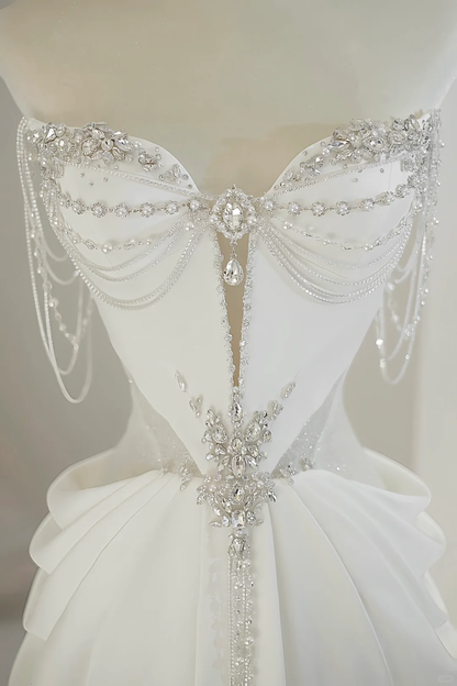 Unique Bridal Gown A Line Sweetheart White Satin Long Wedding Dresses With Silver Beads Elegant Brides Gowns DH738