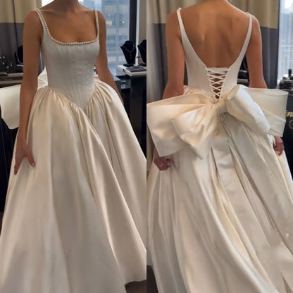 Classic Bridal Gown Ball Gown Square Neck Sleeveless Satin White Wedding Dresses Minimalist Bridal Gowns DH740