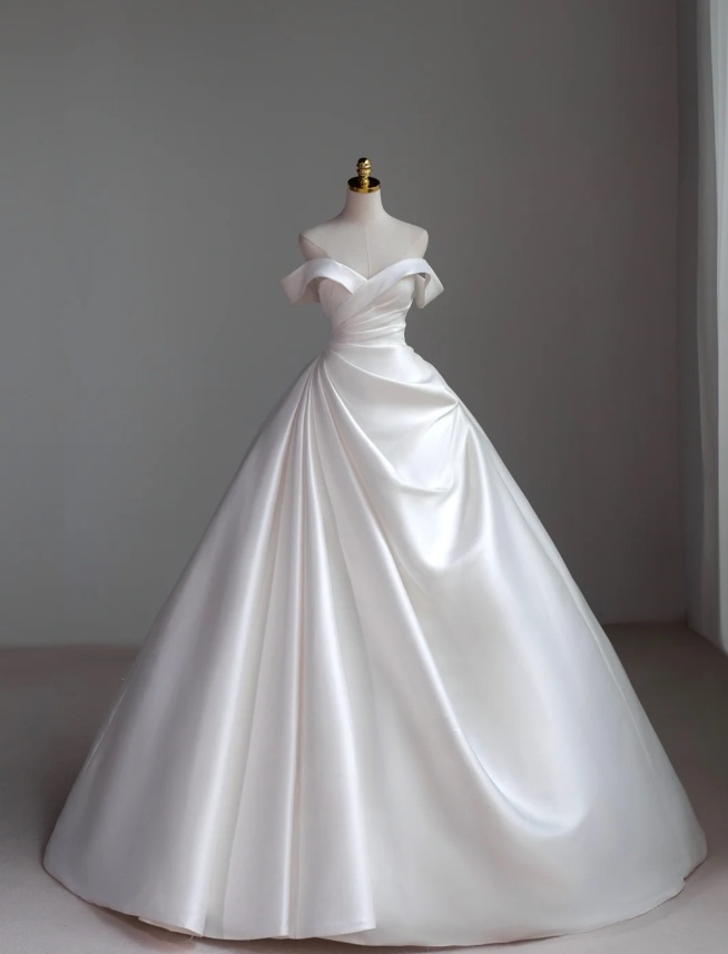 Classic Bridal Gown Ball Gown Off The Shoulder Short Sleeves Satin White Wedding Dresses Minimalist Bridal Gowns DH743