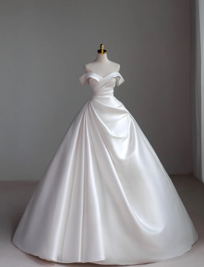 Classic Bridal Gown Ball Gown Off The Shoulder Short Sleeves Satin White Wedding Dresses Minimalist Bridal Gowns DH743