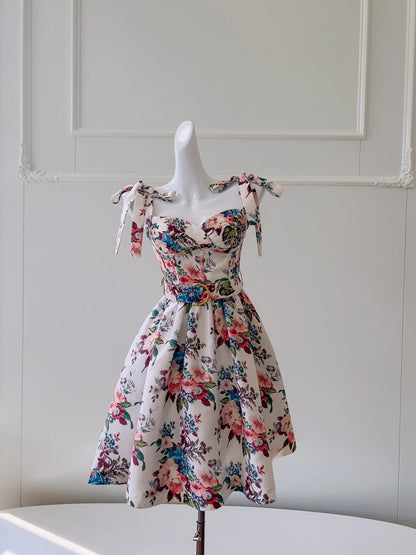 Cute A line Spaghetti Straps Floral Satin Short Homecoming Dress Summer Middle School Formal 8th Grade Hoco Dresses Summer Homecoming Outfits DH86
