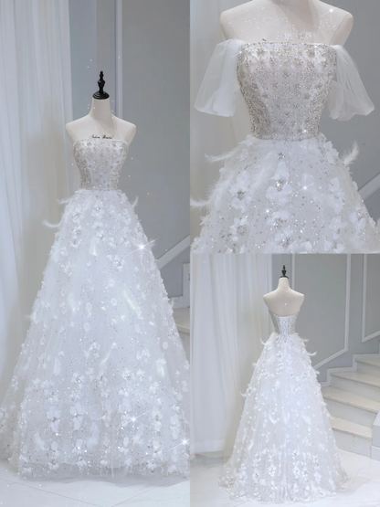 Timeless Bridal Gown Ball Gown Strapless Sequin Sleeveless Long White Wedding Dresses Elegant Bridal Gowns DH886