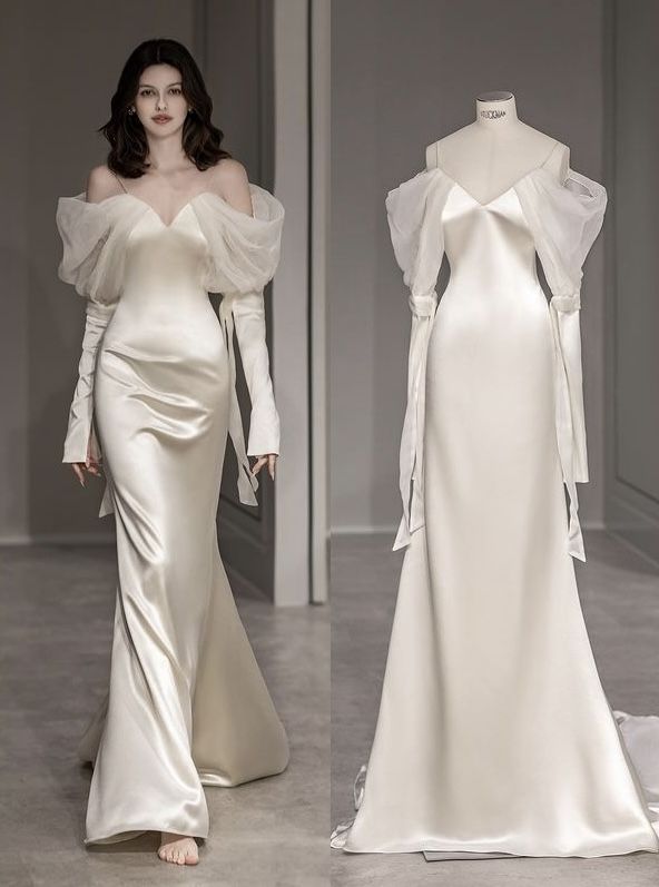Timeless Bridal Gown Mermaid Off The Shoulder Satin Long Sleeves Wedding Dresses Elegant Bridal Gowns DH900