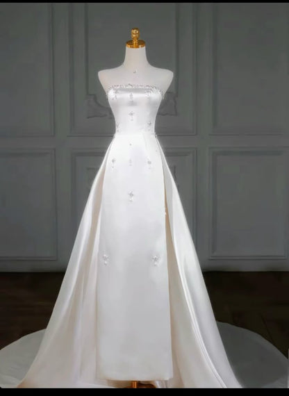 Timeless Bridal Gown Sheath Strapless Satin Sleeveless White Wedding Dresses Elegant Bridal Gowns DH914