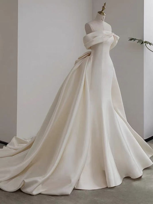 Unique Bridal Gown Mermaid Off The Shoulder Satin Short Sleeves Pleated Wedding Dresses Elegant Bridal Gowns DH931
