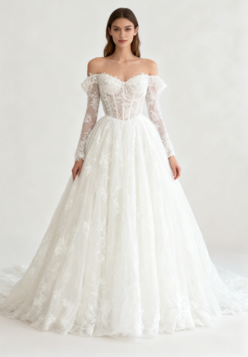 Timeless Bridal Gown Ball Gown Off The Shoulder White Lace Appliques Long Sleeves Wedding Dresses Elegant Bridal Gowns DH952
