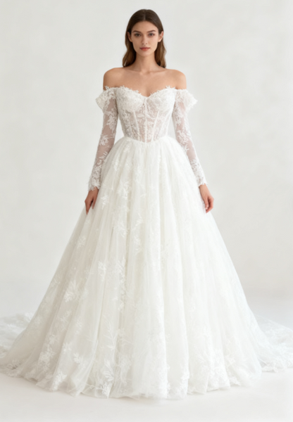 Timeless Bridal Gown Ball Gown Off The Shoulder White Lace Appliques Long Sleeves Wedding Dresses Elegant Bridal Gowns DH952