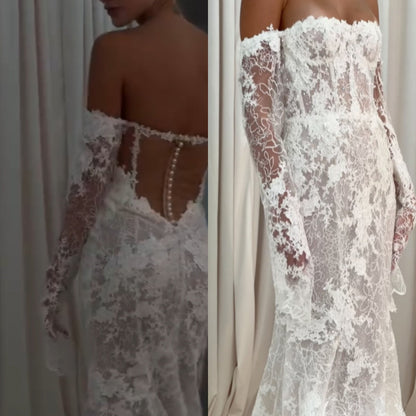 Timeless Bridal Gown Mermaid Off The Shoulder White Lace Long Sleeves Wedding Dresses Elegant Bridal Gowns DH954