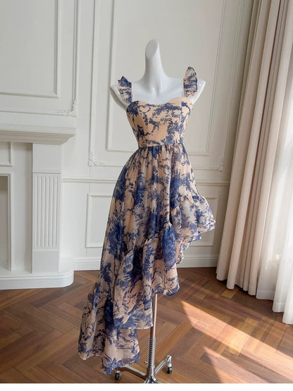 Cute High Low Square Neck Chiffon Blue Floral Formal 8th Grade Homecoming Dresses Summer Middle School Hoco Dress Homecoming Outfits DH96