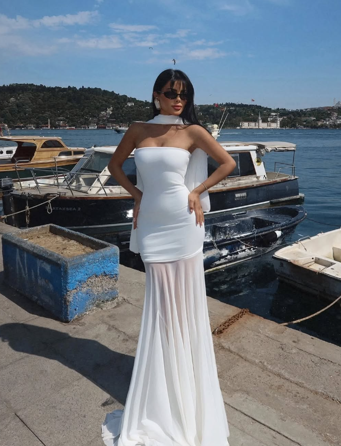 Simple White Mermaid Strapless Chiffon Satin Date Dress Prom Dress SH3885
