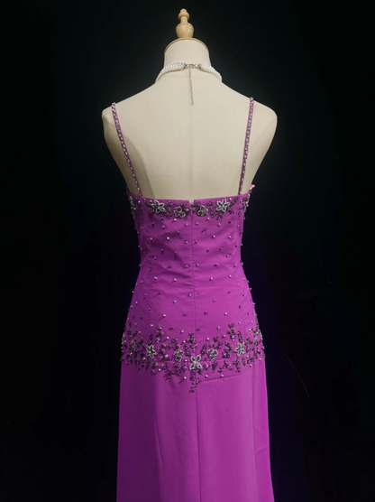 Classy Spaghetti Straps Purple Chiffon Beaded Long Wedding Guest Dress Formal Birthday Prom Dress Party Gown D1937